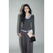 T恤 DUO荡领假两件上衣2026春韩系高智感拼接修身 现货 OLIVIA