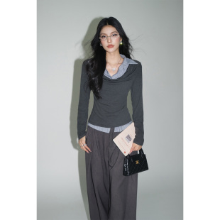 DUO荡领假两件上衣2026春韩系高智感拼接修身 OLIVIA T恤 现货