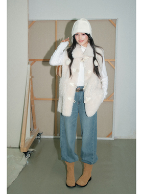 【现货】OLIVIA DUO白色毛绒马甲2025冬季新款保暖牛角扣坎肩上衣