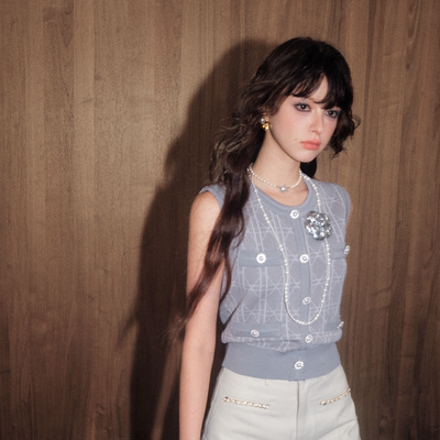 OLIVIA DUO格纹针织背心2025夏季新款灰色T恤圆领百搭短款上衣