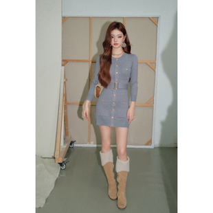 现货 法式 OLIVIA 针织连衣裙2025秋冬新款 小香风短裙 DUO修身