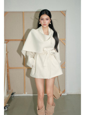 【现货】OLIVIA DUO披肩羽绒内胆大衣2025冬季系带收腰毛呢外套