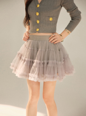 OLIVIA DUO木耳边高密度纱裙气质百搭灰色松紧腰蓬蓬纱裙