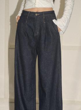 OLIVIA DUO翻边牛仔裤经典复古深蓝色直筒裤2025年夏季