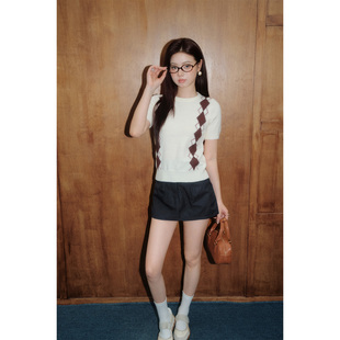 修身 OLIVIA 复古撞色百搭短款 2026春夏新款 上衣 DUO菱格针织短袖