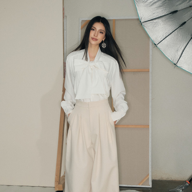 OLIVIA DUO蝴蝶结压褶衬衫白色长袖法式独特2025新款女轻奢高级感
