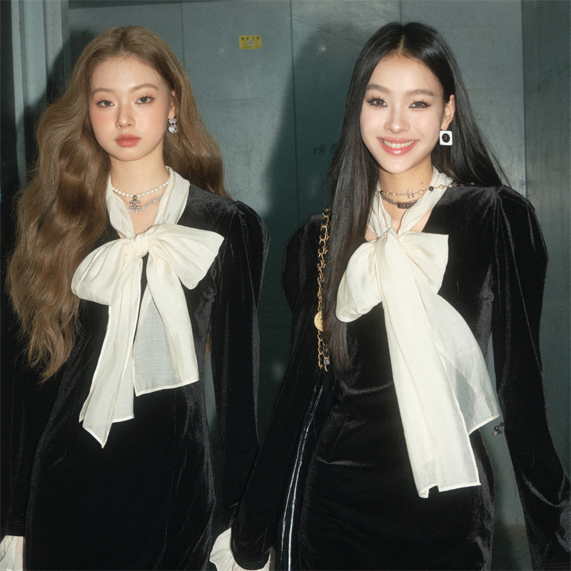 OLIVIA DUO丝绒千金连衣裙黑色法式开叉设计感裙子性感千金连衣裙