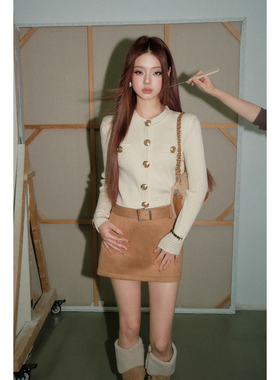 【现货】OLIVIA DUO金扣小香针织长袖法式气质短款修身内搭打底衫