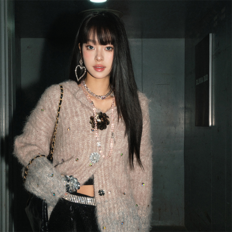 【清仓特惠】OLIVIA DUO渐变花花毛衣女连帽设计慵懒百搭开衫上衣