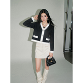 长袖 上衣 DUO黑白撞色上衣秋季 小香风V领拼接修身 现货 OLIVIA