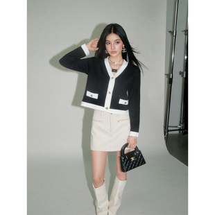 现货 长袖 OLIVIA 小香风V领拼接修身 上衣 DUO黑白撞色上衣秋季