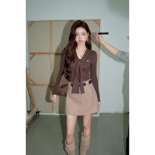 现货 法式 OLIVIA 短款 复古V领针织衫 DUO飘带针织上衣2025冬季