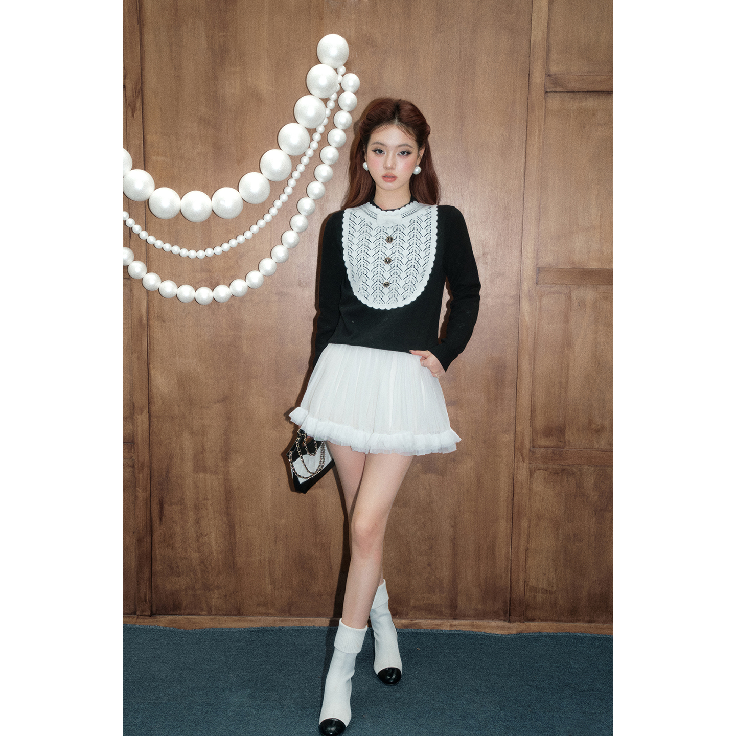 OLIVIA DUO宫廷风蕾丝针织衫法式赫本宫廷少女风拼接羊毛蕾丝上衣