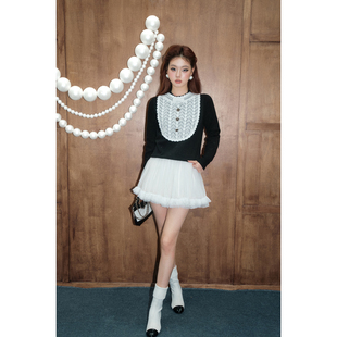 赫本宫廷少女风拼接羊毛蕾丝上衣 法式 OLIVIA DUO宫廷风蕾丝针织衫