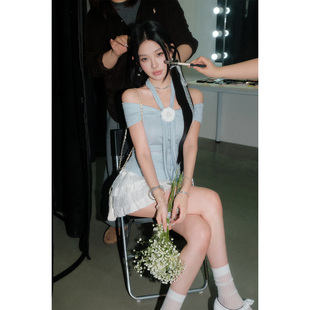 OLIVIA 法式 甜美风飘带修身 上衣 DUO挂脖一字肩上衣2026春夏新款
