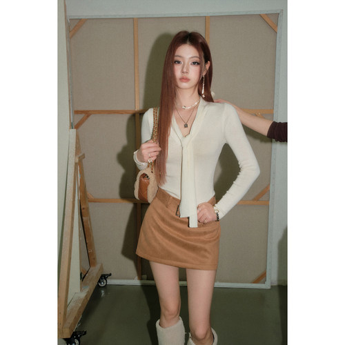 【现货】OLIVIA DUO系带羊毛衫法式纯欲风修身显瘦V领长袖上衣