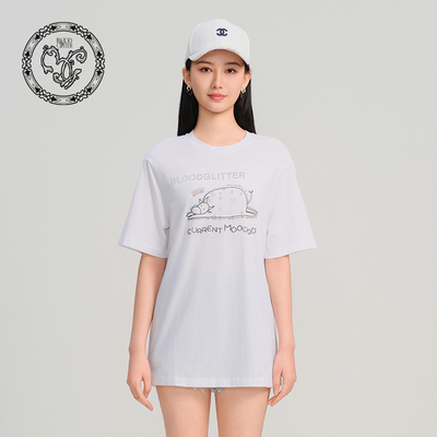 blood&glitter/璞德格骊春夏全棉趣味烫钻大廓形基础圆领T恤