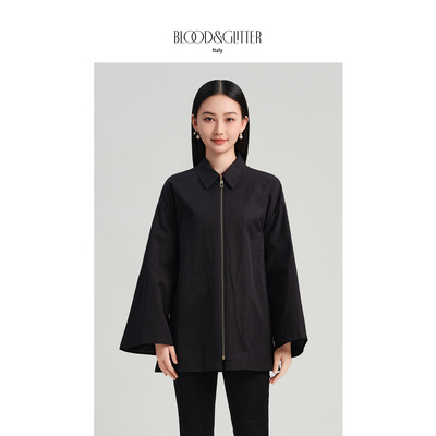 全棉经典黑色拉链廓形短款风衣