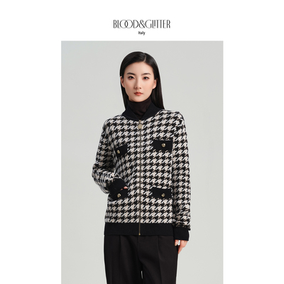 羊毛复古千鸟格拉链开衫毛衣外套