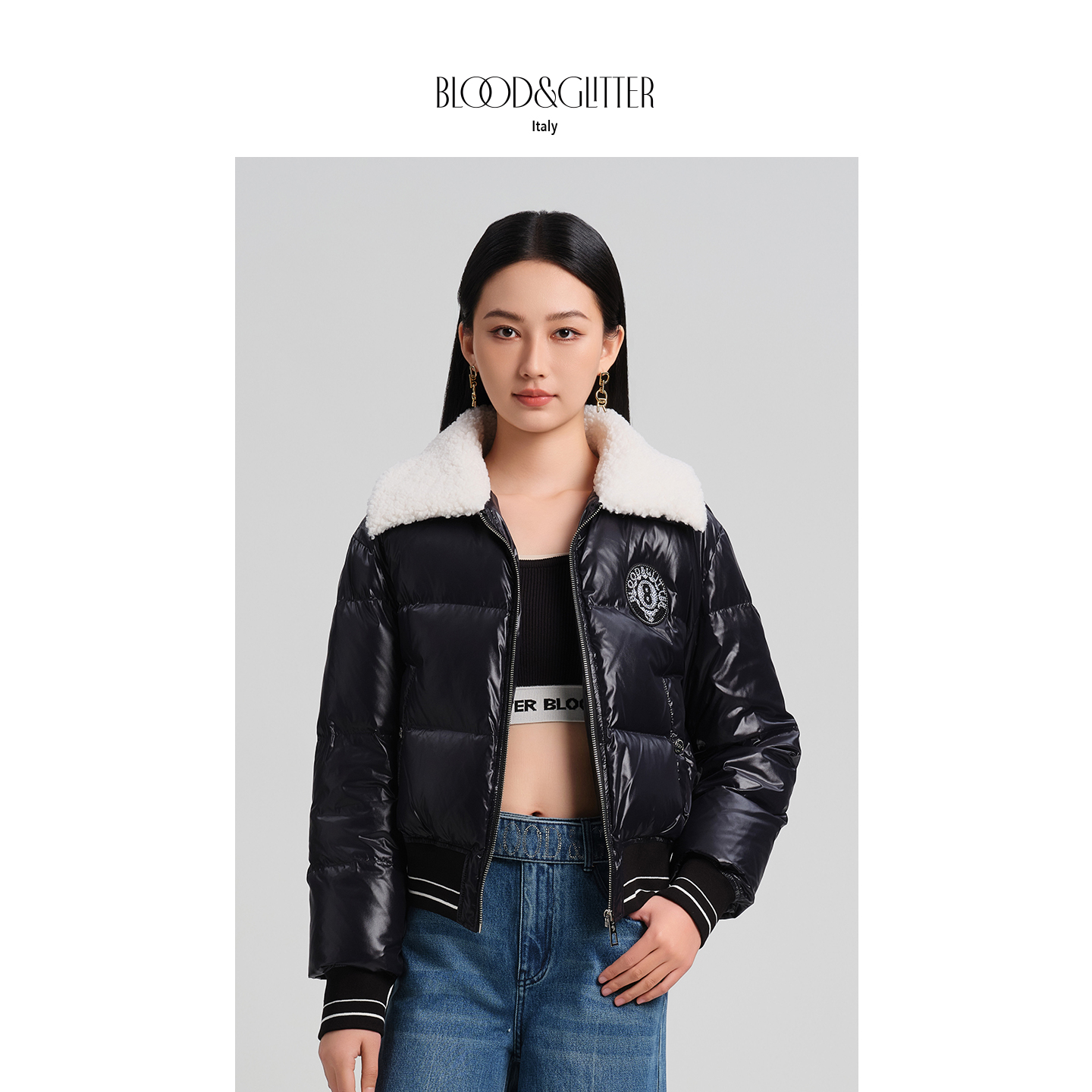 亮面时尚毛领黑色短款鹅绒羽绒服