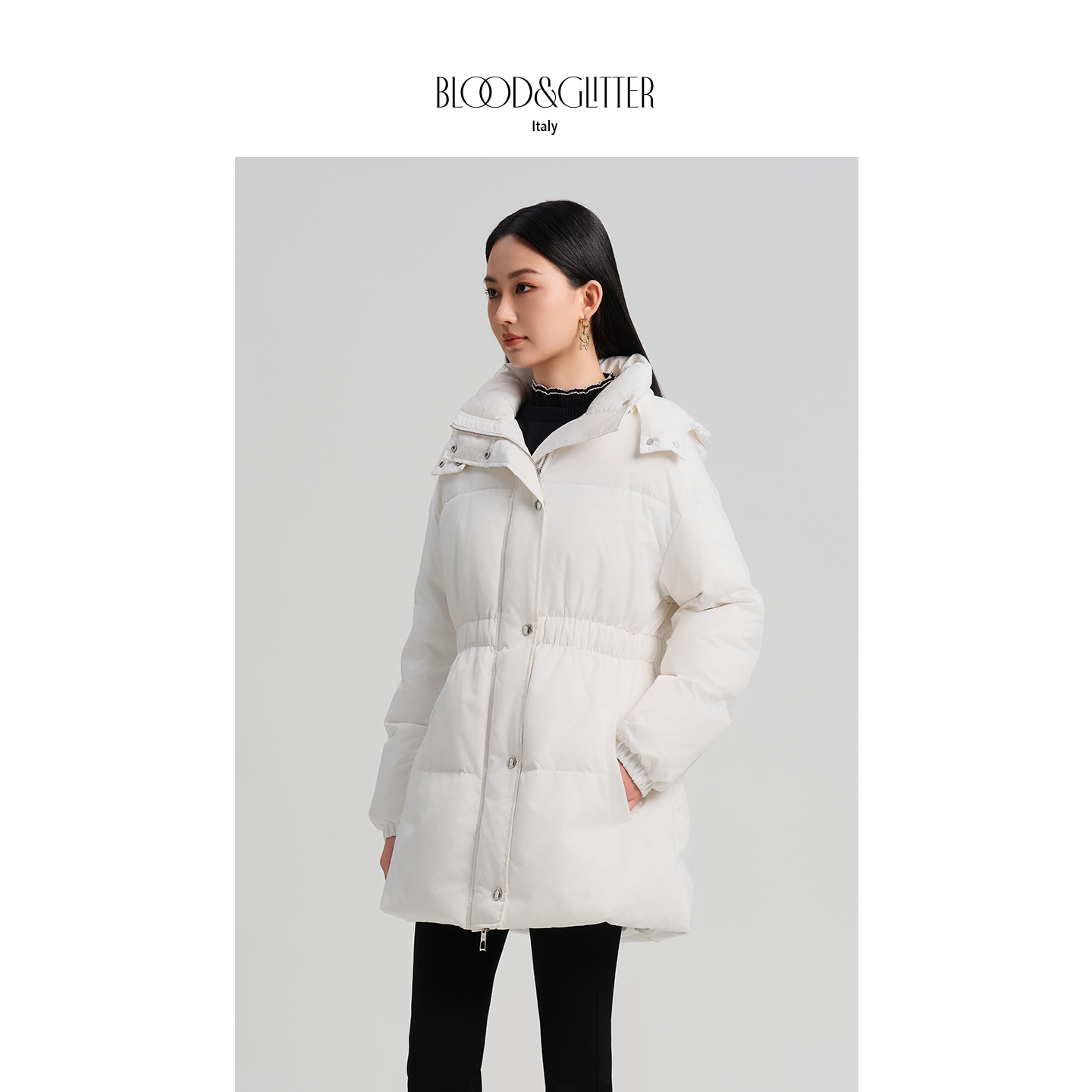 纯色连帽中长款90白鹅绒羽绒服