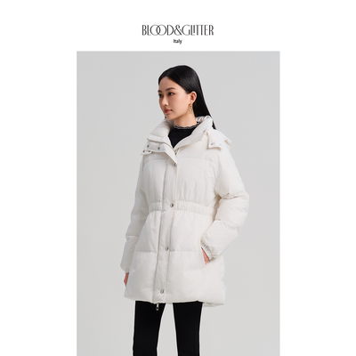 纯色连帽中长款90白鹅绒羽绒服