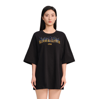 blood&glitter/璞德格骊春夏全棉珠片绣大廓形宽松圆领T恤
