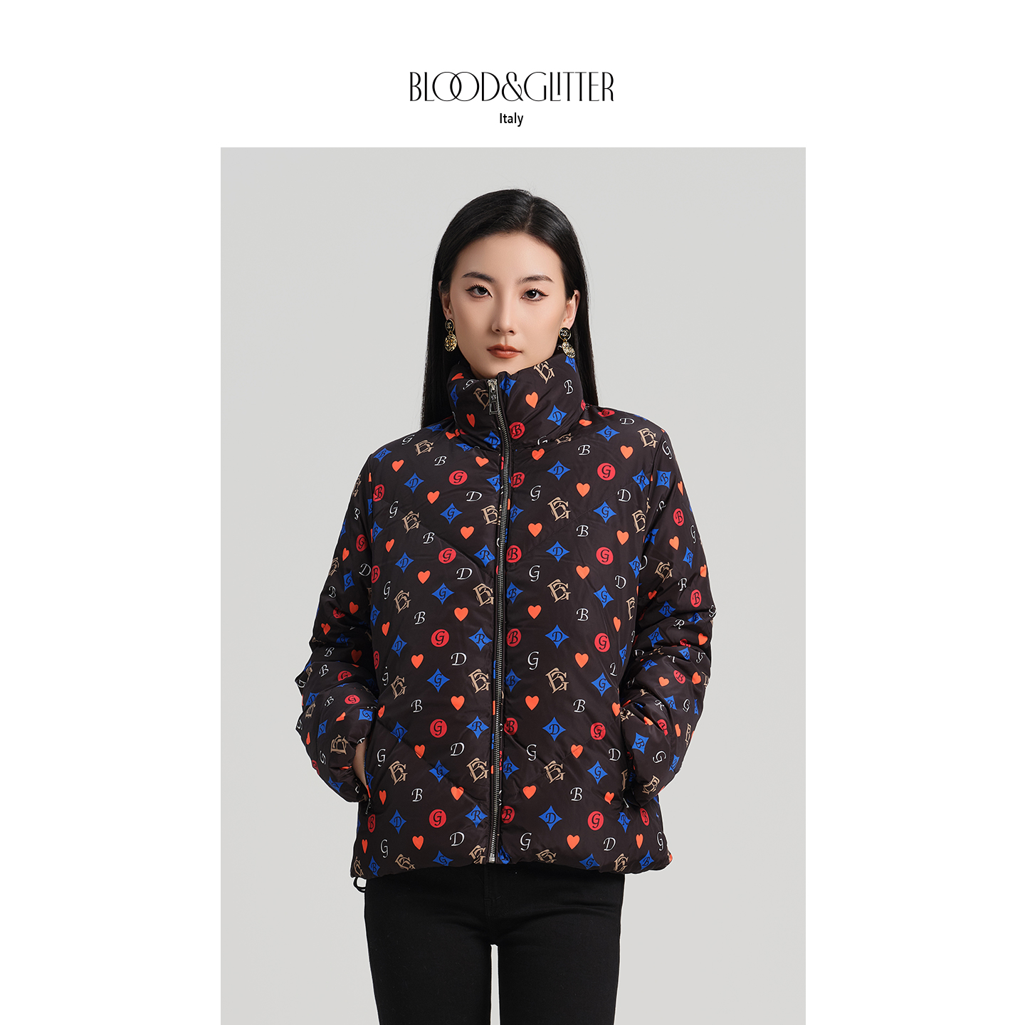 休闲老花立领短款90鹅绒羽绒服