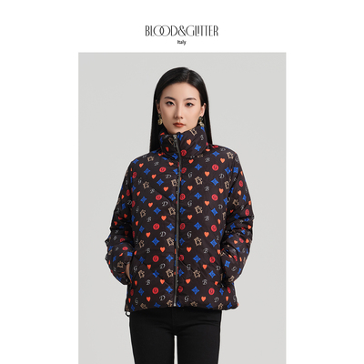 休闲老花立领短款90鹅绒羽绒服