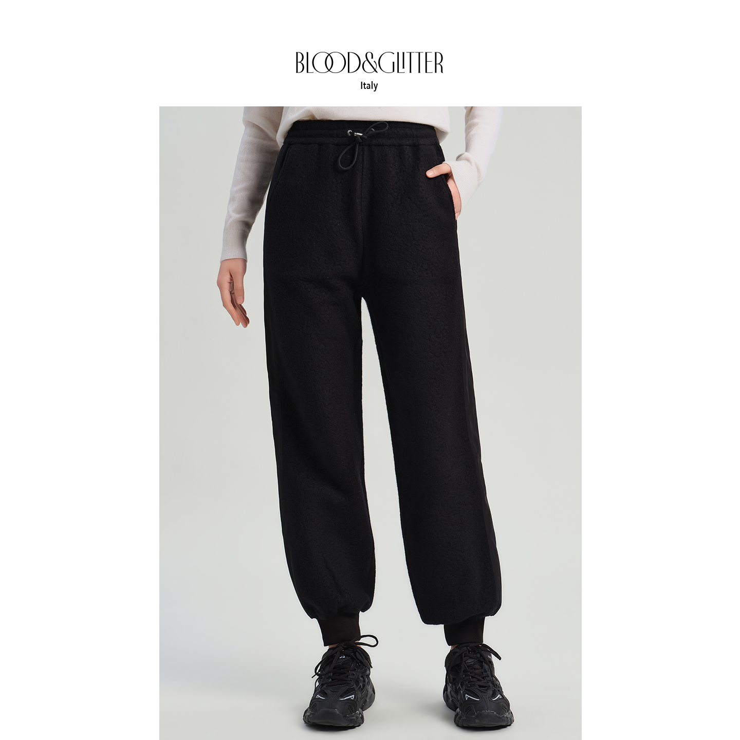 羊毛混纺休闲抽绳松紧腰束脚长裤