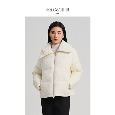 短款花呢拼接翻领90白鹅绒羽绒服