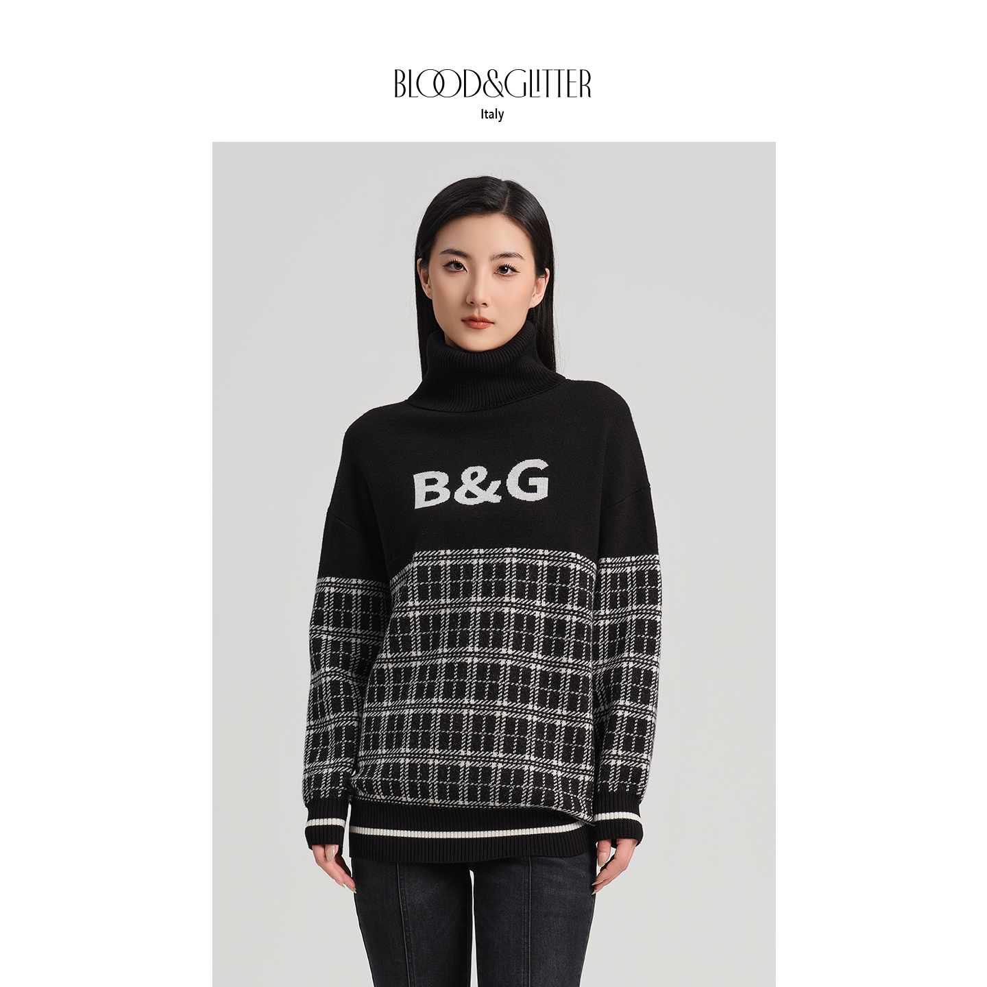 冬羊毛罗纹高领印花拼接针织衫