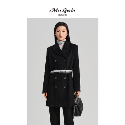 羊毛混纺黑色气质中长款毛呢大衣