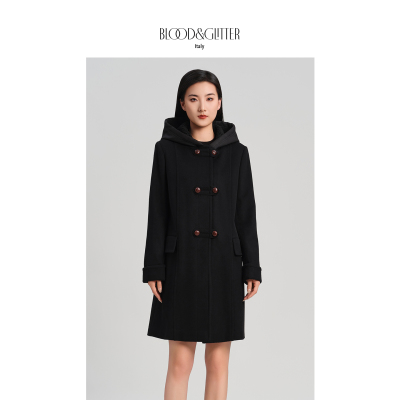 羊毛纯色连帽气质中长款毛呢大衣