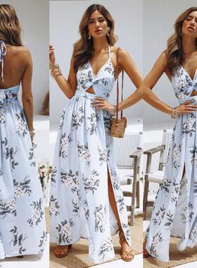 Bohemian Beach Dress Women Summer Casual Sleeveless Split Fl