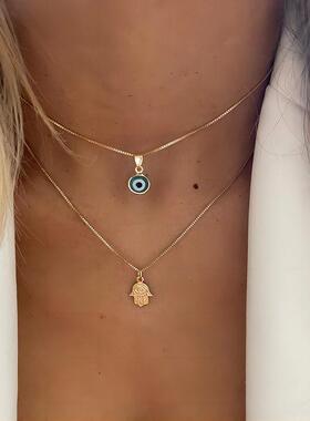 Gold necklace 2 pieces set choker套炼恶魔之眼手掌项炼2件套