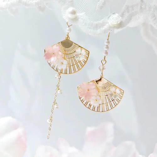 Vintage Chinese Style Flower Fan Earrings for Women Cute Asy