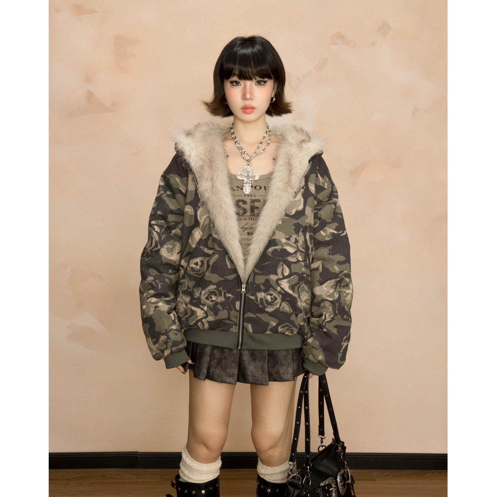 美式复古大毛领迷彩连帽棉服女2024新款冬季设计感短款棉衣外套潮