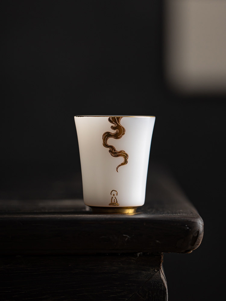 林玉山德化羊脂玉白瓷闻香杯鎏金功夫茶杯品茗杯手工主人杯单杯