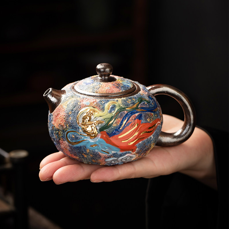 粗陶岩矿斑斓茶壶复古敦煌茶具纯手工彩陶工艺西施壶柴烧泡茶单壶