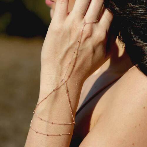 Dainty Hand Chain Bracelet Ring Gold Plated Handmade Link