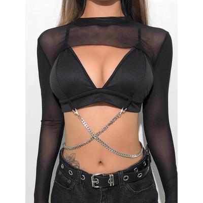 sexy long sleeve black fitted crop mesh sleeve top women sm