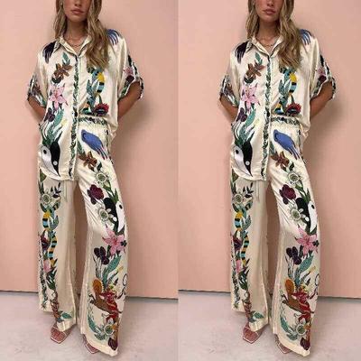Printed satin short sleeved shirt+pants two-piece set 套装