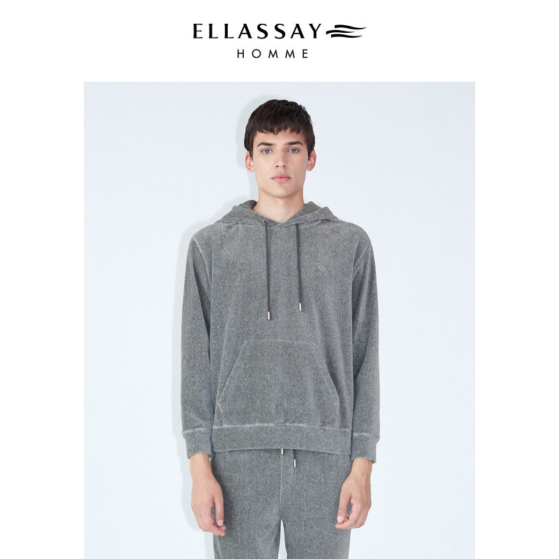 ELLASSAY歌力思男装秋冬灯芯绒针织弹力保暖粗条纹休闲连帽卫衣男