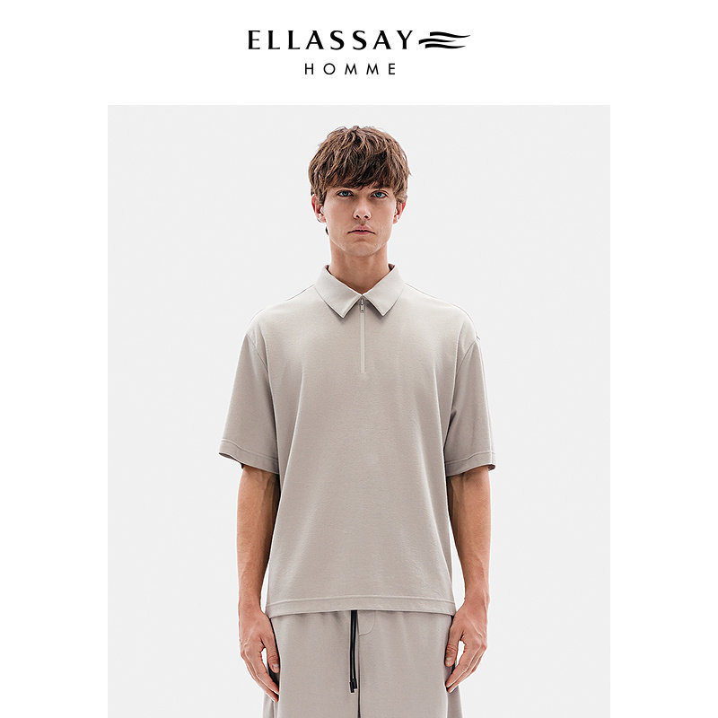 ELLASSAY歌力思男装棉麻混纺翻领纯色拉链针织POLO衫EME353Z00100