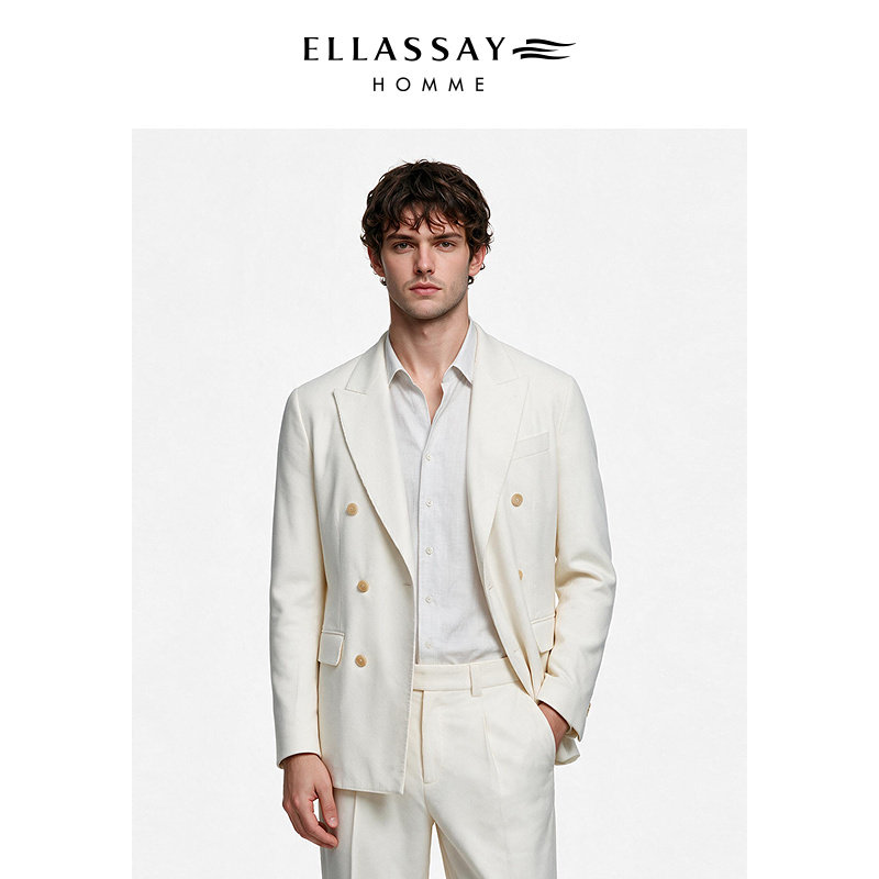 【陈正飞同款】ELLASSAY歌力思男装戗驳领双排扣灯芯绒珠光白西服