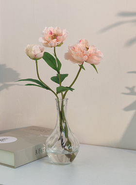芍药牡丹仿真花束玻璃插花瓶摆件