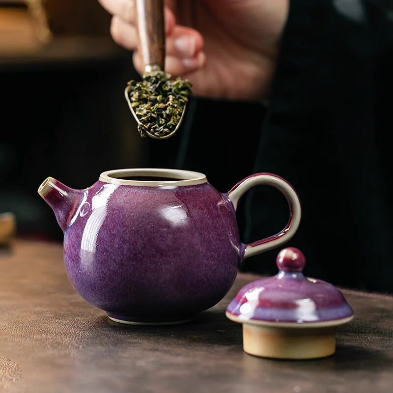 钧窑紫金茶壶窑变结晶冰片釉
