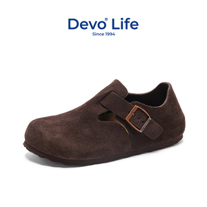 Devo Life软木鞋包头休闲鞋女全包真皮文艺复古女鞋新款秋冬单鞋