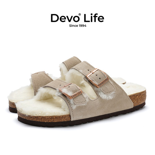 Devo女外穿加绒保暖软木一字拖